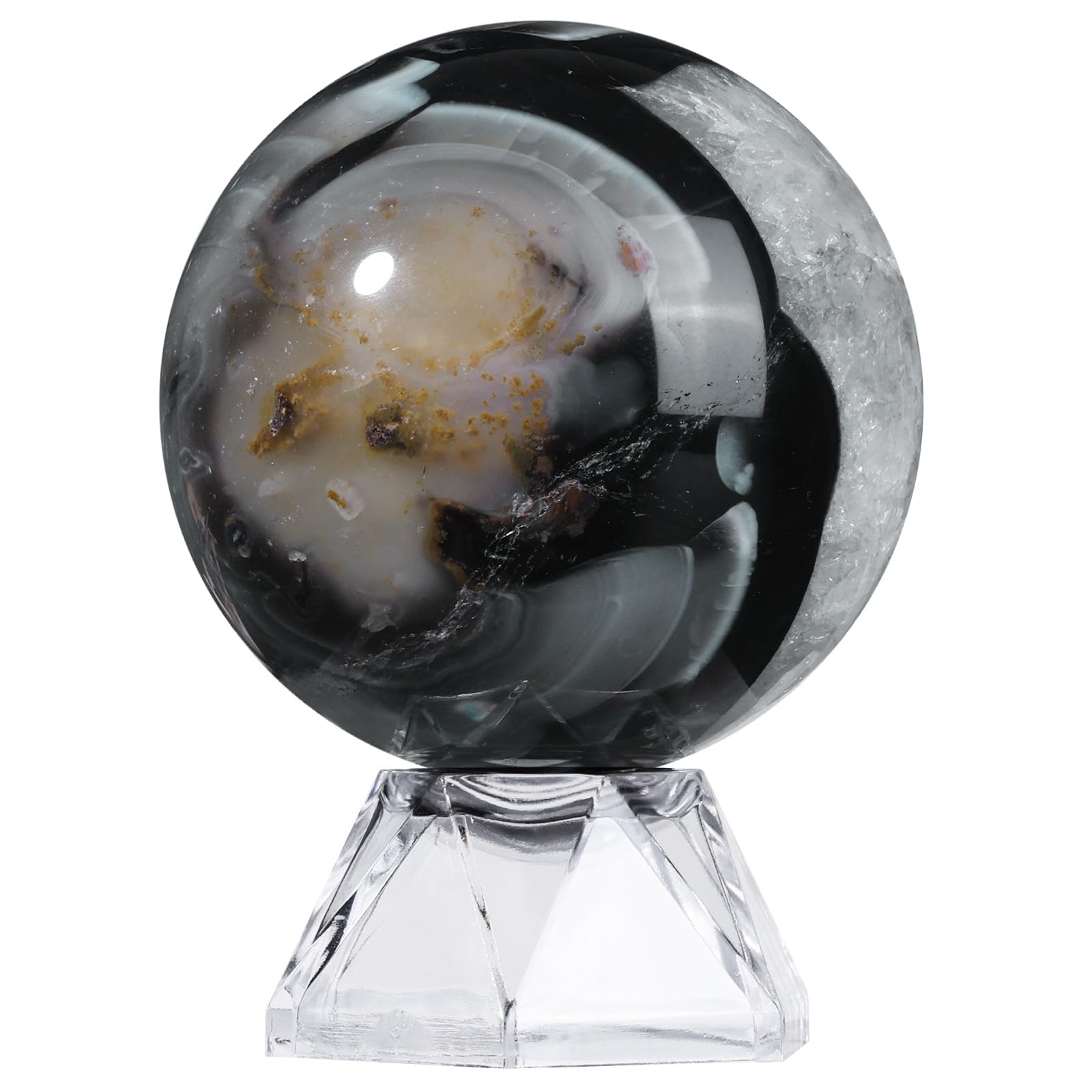 dssmboom Natural Black Striped Agate Crystal Ball with Acrylic Display Base