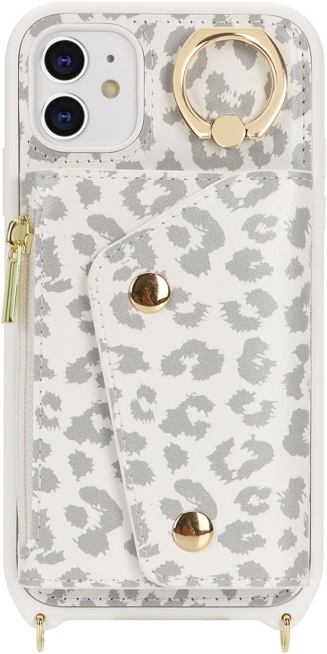 Lipvina for iPhone 12 Case with Card Holder and Strap - Zipper Pocket,Crossbody Lanyard Strap,Credit Card Holder,Stand Ring,Cute Phone Wallet Case for Women(White Leopard,6.1 Inch)