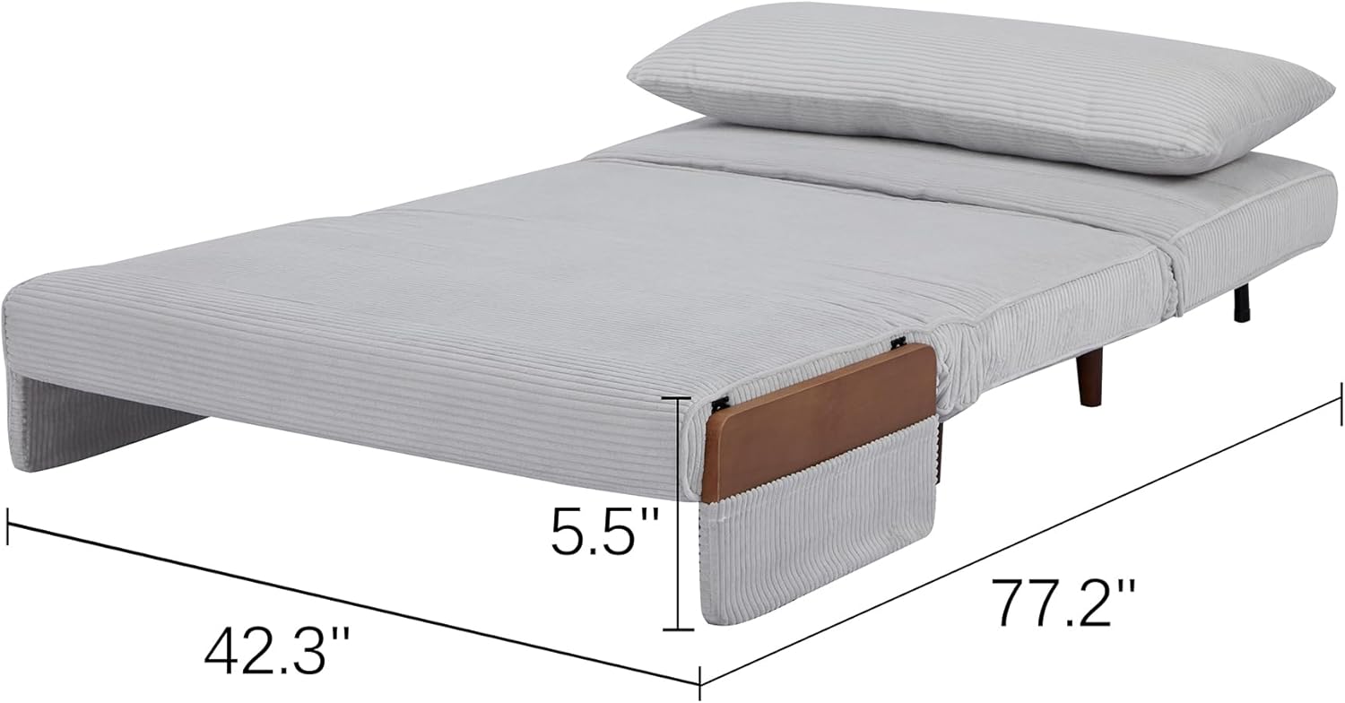 42" Convertible Sleeper Chair, 3-in-1 Chair Bed Sleeper for Adults with Adjustable Backrest, Pillow & Wooden Arms, Loveseat Sofa Bed for Apartment, Office, Light Gray