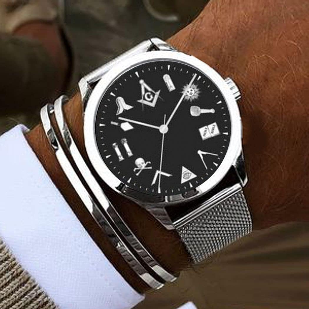 The Classic Masonic Emblem Black Dial Watch Has Adjustable Stainless Steel Mesh Band