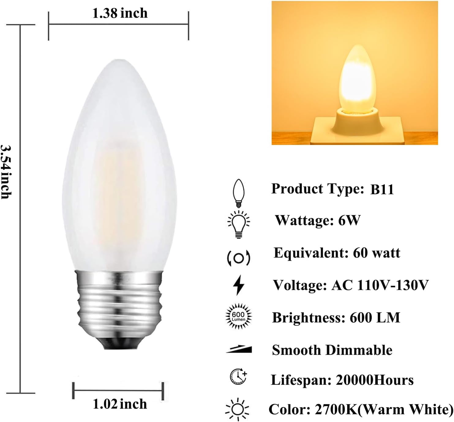 Beonllay Dimmable 60 Watt Equivalent B11 LED Filament Bulb E26 Candelabra Medium Base 2700K Warm White, Chandelier Decorative Candle Light Bulbs, 6W E26 Frosted Glass LED Edison Bulbs, Pack of 6