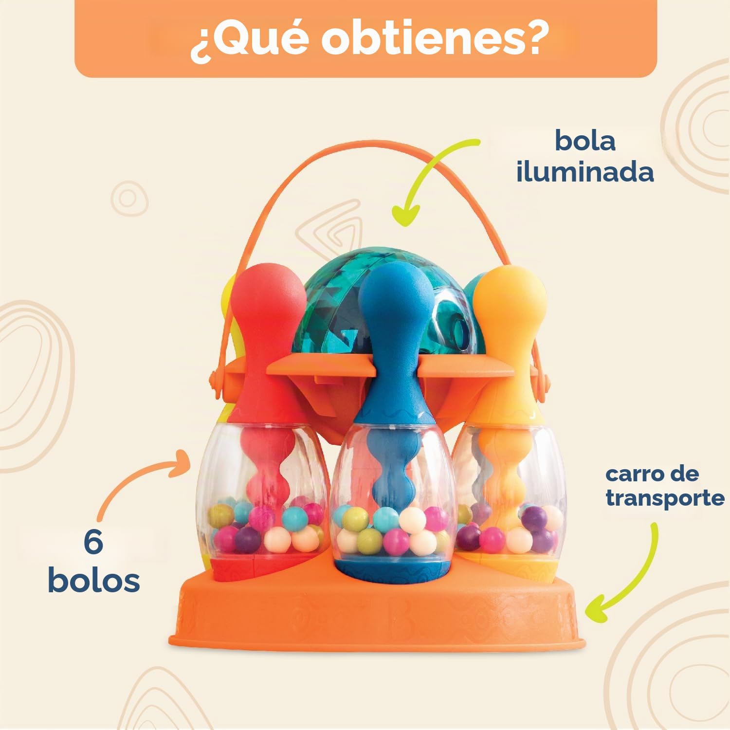 B. toys - Juguemos a los Bolos - Naranja - 6 Bolos y 1 Pelota Luminosa - Juego de Interior y Exterior - Juego para niños pequeños - 2 años +