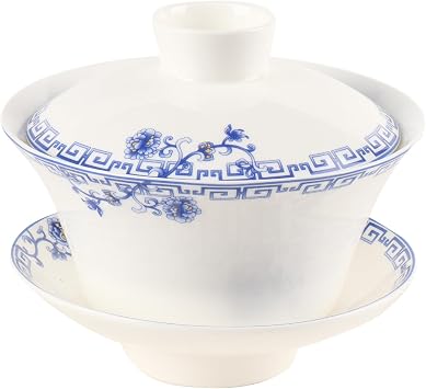 Porcelain 12 Oz/ 360ml Large Gaiwan Tea Bowl Set,Fine Bone China Teacup for Brew Kung Fu Tea White Blue