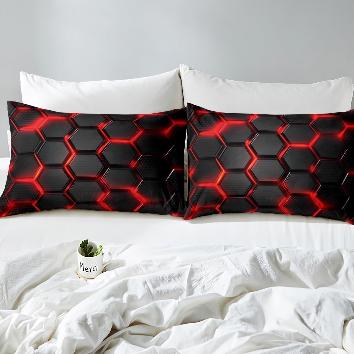 Loussiesd Light Honeycomb Duvet Cover Set Single Size For Kids Boys Teens Men Red Black Geometric Hexagonal Bedding Set Modern Art Comforter Cover with 1 Pillowcase Luxury Beds Set - Image 4