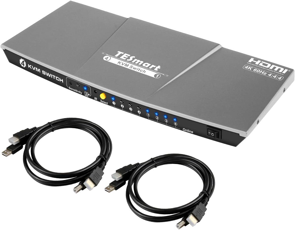 TESmart KVM 4 Port Switch with Multimedia (Includes 2 Cables w/USB & Remote)