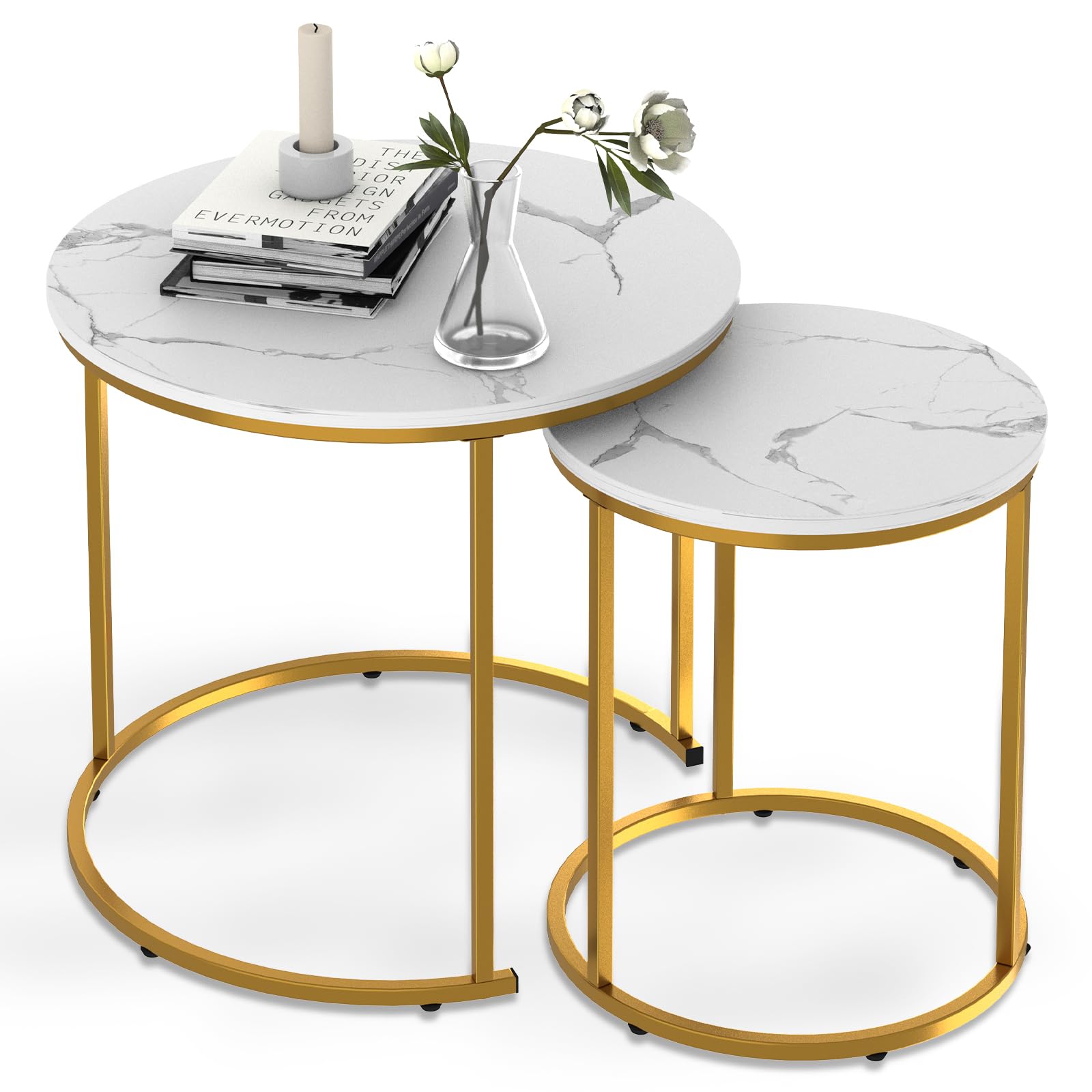Round Coffee Tables, Set of 2 End Table, Nesting Tables, Side Table with Metal Frame for Living Room/Bedroom/Balcony/Office/Apartment, Diameter 19.6/13.7 IN (Gold Frame, White Marble Top)-image-10