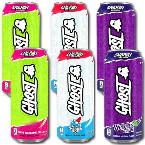 Ghost Energy Drink Variety Pack, Zero Sugar – 16 fl oz Cans (Pack of 6) – Grape, Sour Watermelon, Merica Pop – 200mg Caffeine, Vegan, Gluten-Free