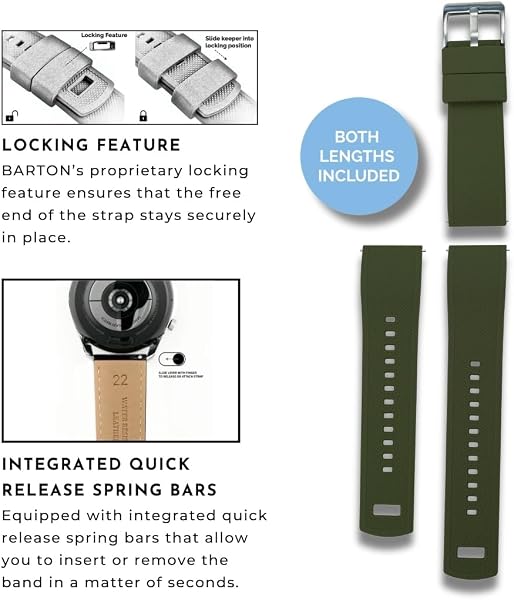 Barton Elite Silicone Watch Bands - Quick Release - Choose Color - 18mm, 19mm, 20mm, 21mm, 22mm, 23mm & 24mm Watch Straps (Stainless & Black Buckle Available) - 5