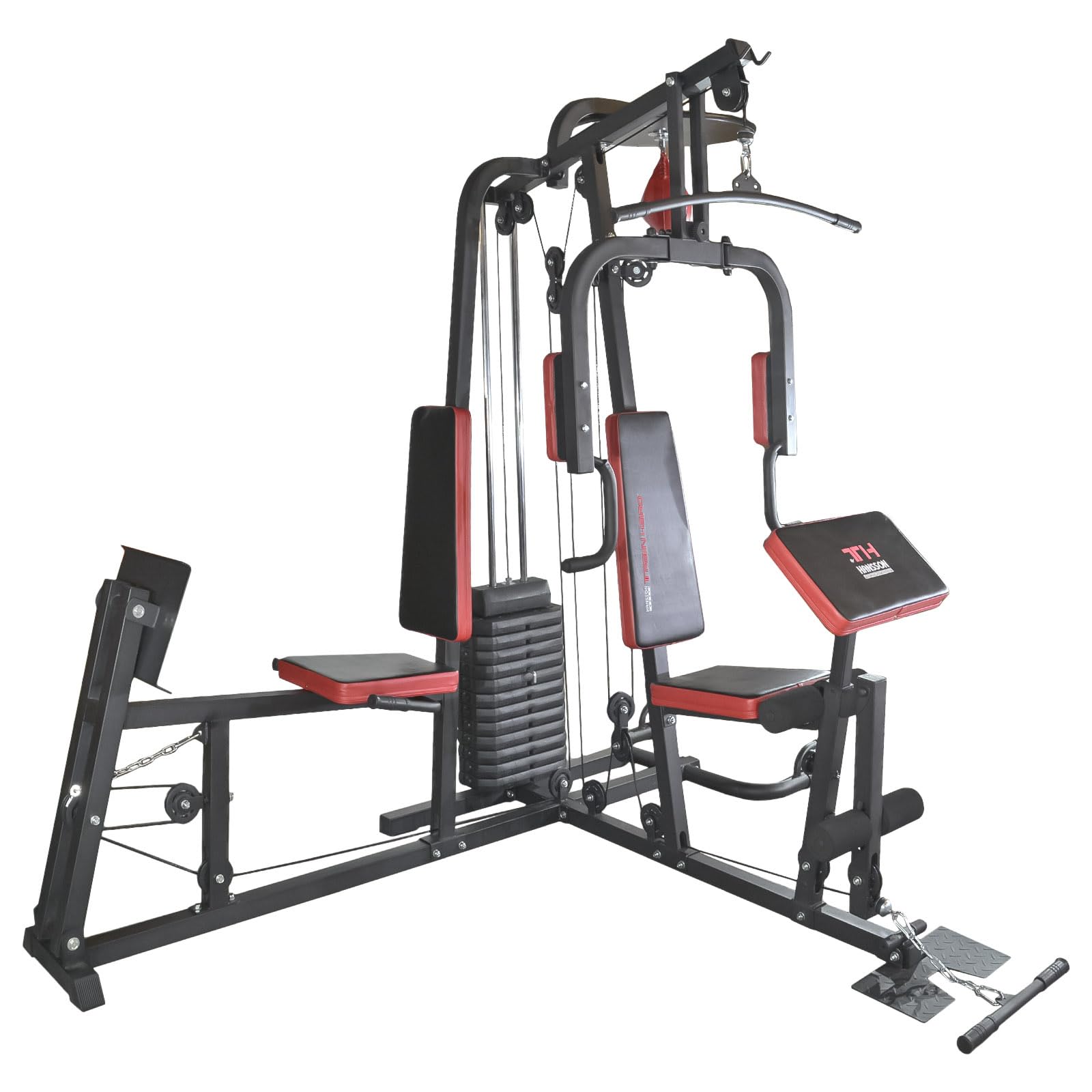 Trainhard HomeGym Multi estación de gimnasio con 65 kg pesos con las piernas de prensa, Speedball-plataforma y push-up Bar