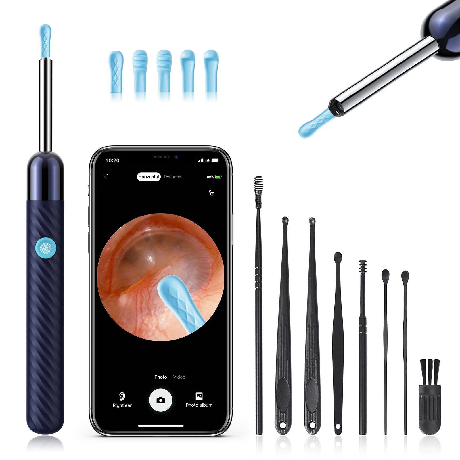 ear wax removal - earwax remover tool with 8 pcs ear set - ear canal cleaner with 1080p camera - fsa hsa eligible - ear cleaning kit with 6 ear spoon - ear camera for ios amp android black