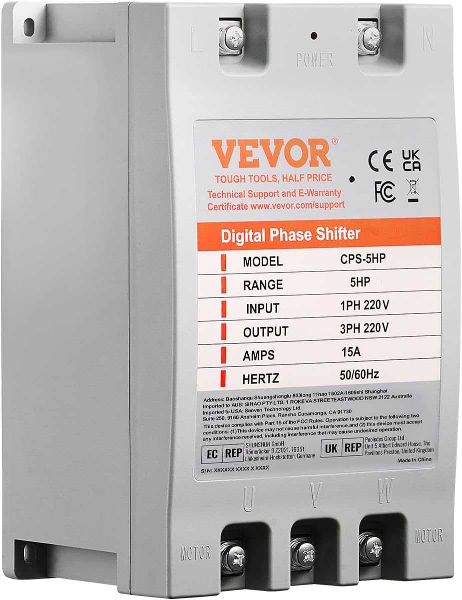 VEVOR 3 Phase Converter - 5HP 15A 220V Single Phase to 3 Phase Converter, Digital Phase Shifter for Residential and Light Commercial Use, 220V Input/Output (One Converter for One Motor Only)