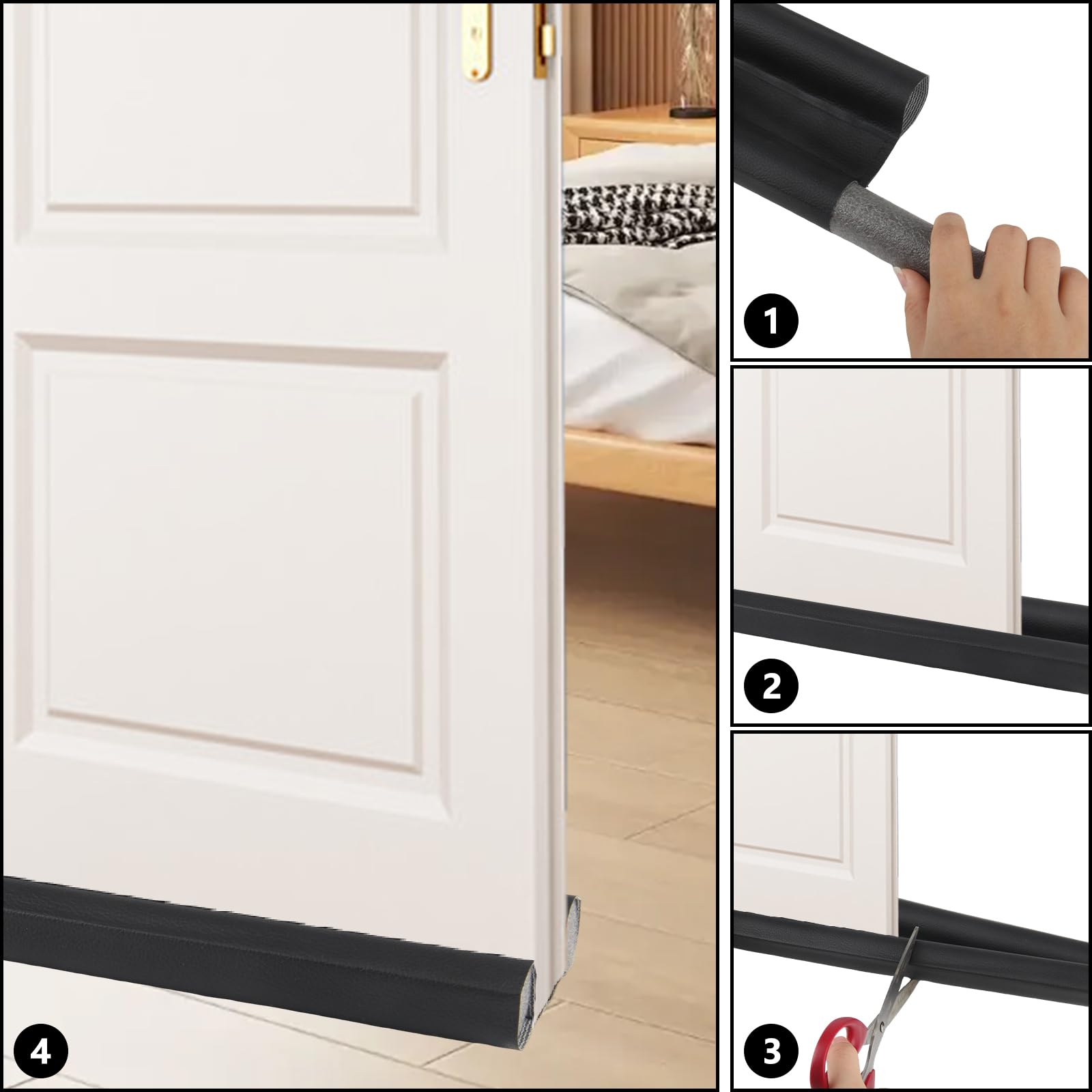3 Pezzi Paraspifferi Sottoporta per Porte Blindate e Porte Interne ed Esterne da Previene Spifferi e Infiltrazioni di Polvere Acqua Luce Insetti e Rumori (Nero, 95 cm)