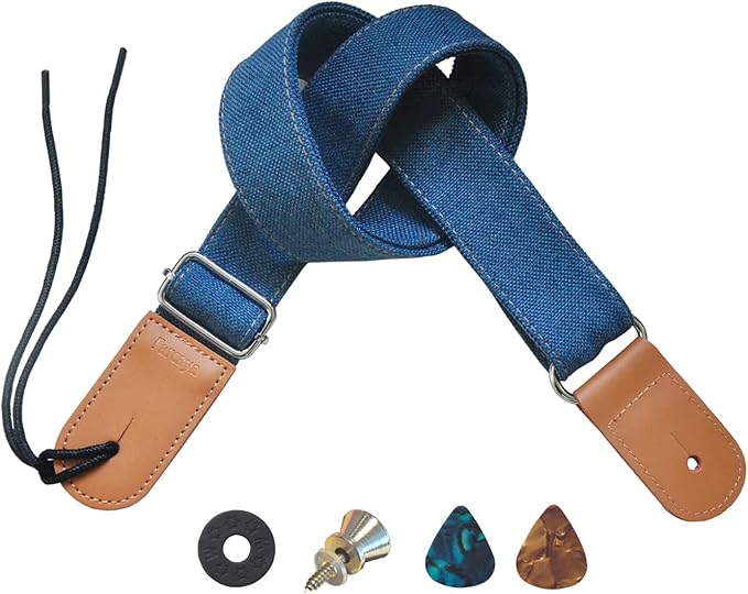 Ukulele Strap Soprano Concert Tenor Baritone Banjo Mandolin Cotton Linen Leather Ends Uke Musical Instrument Accessories Picks Lock Button Screw (Blue)
