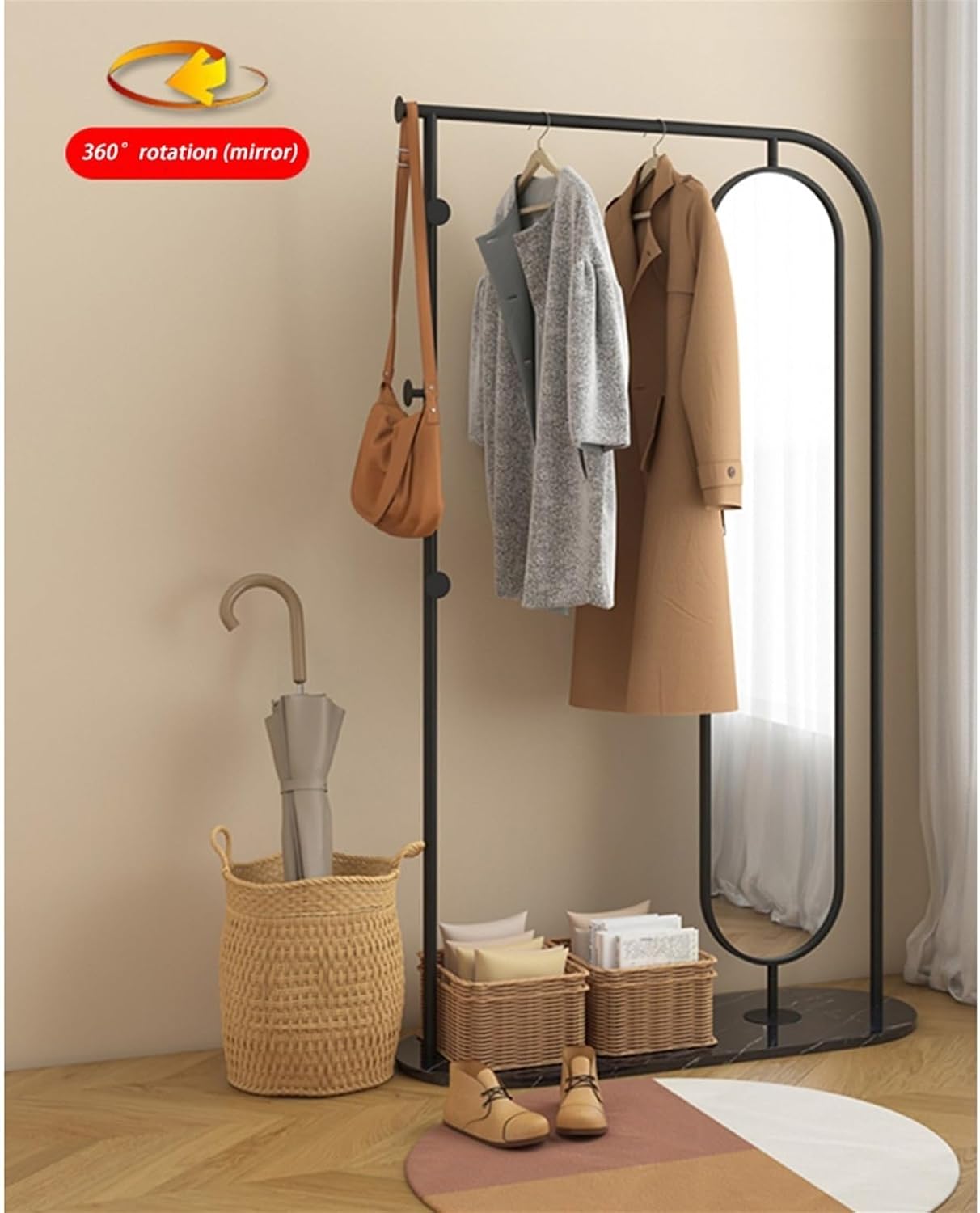 Full-Length Mirror Household Floor-Standing Coat Rack Full-Length Mirror Combination Bedroom Multi-Functional Rotating Fitting Mirror Full Length Floor Mirror (110cm)
