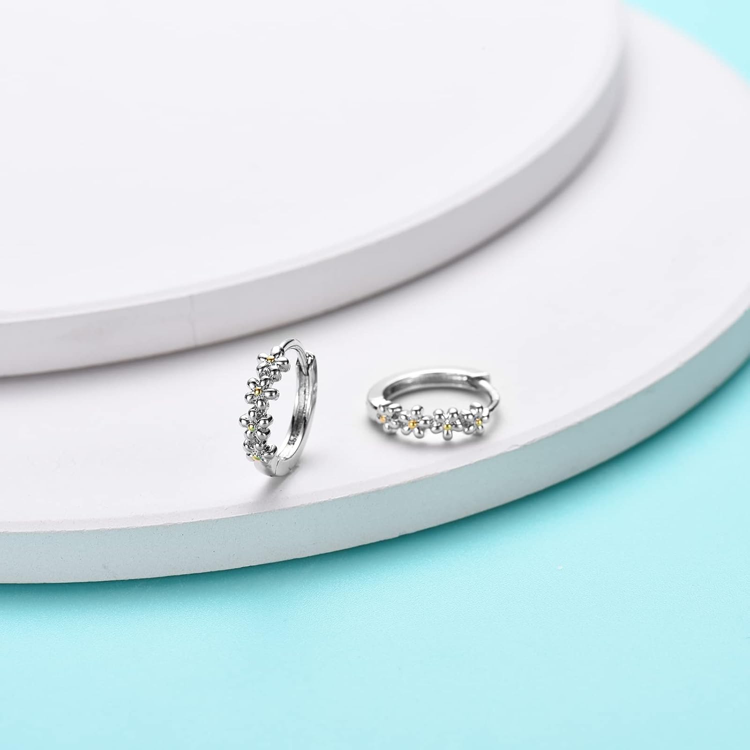 Sterling Silver Hoop Earrings for Women, Dainty Small Huggie Hoop Earrings | Hypoallergenic Daisy Color Cubic Zirconia Flower Hoops Earring Jewellery Gifts for Ladies Birthday Wedding, 12mm Hoop - Image 4