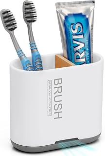 Chintu Bamboo Divider Toothbrush & Toothpaste Holder - Detachable Bathroom Countertop Organizer, 2 Slots Electric Toothbrush Storage Caddy with Drainage - White