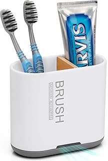 Toothbrush and Toothpaste Holder with Bamboo Divider for Bathroom Countertop Organizer, Detachable for Easy Clean, 2 Slots Electric Toothbrush Holders Storage Caddy Drainage for Family-White