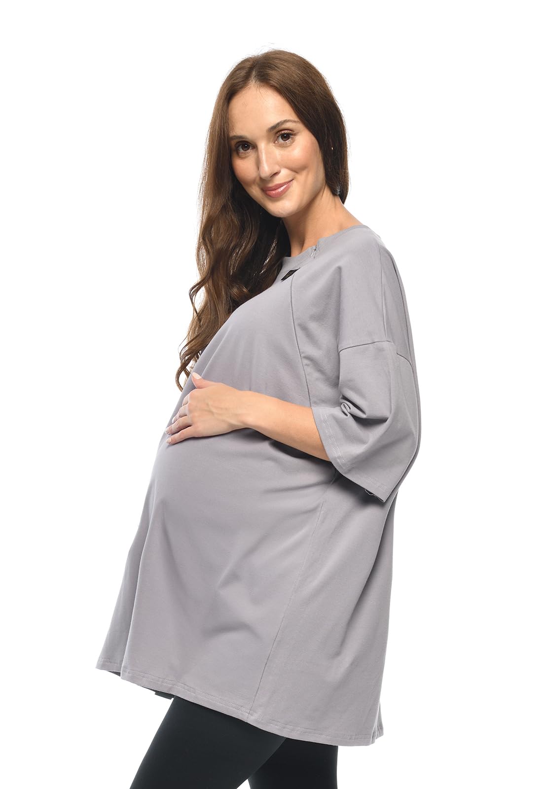 MijaCulture T-shirt 2 en 1 / Homewear / Chemise de nuit d'allaitement et de grossesse M024 Ambre (gris, L/XL)