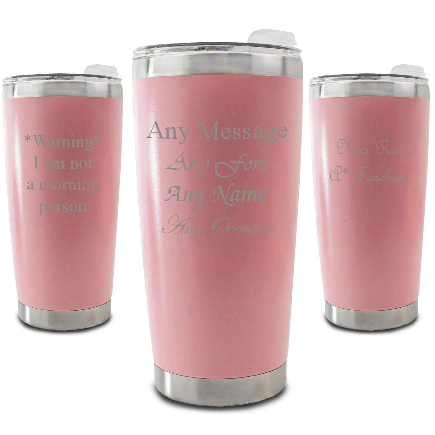 Personalisierter Reisebecher mit Gravur, 500 ml, hellrosa, personalisierbar mit jeder Nachricht, Auswahl aus verschiedenen Schriftarten, inklusive Geschenkbox, Lasergravur