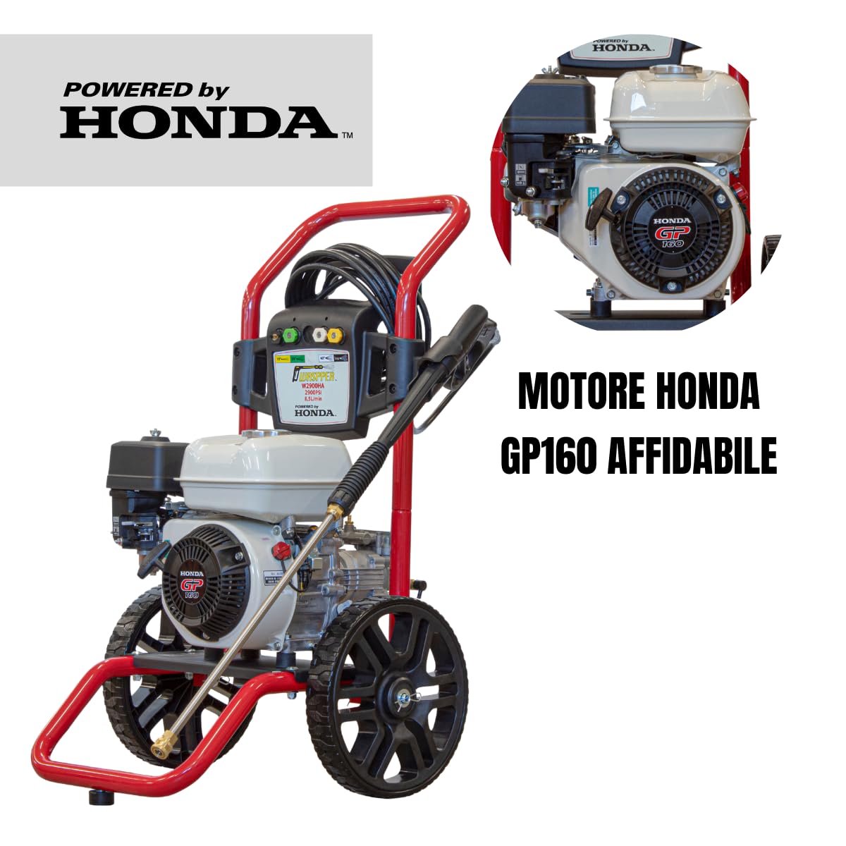 Idropulitrice a Benzina 200 Bar 2900 PSI, Motore Honda GP160 4.8 HP, Portata 8,5 L/min, Pompa Assiale in Alluminio, Tubo Alta Pressione 7,5 m, per Auto Giardino Patio – WASPPER W2900HA