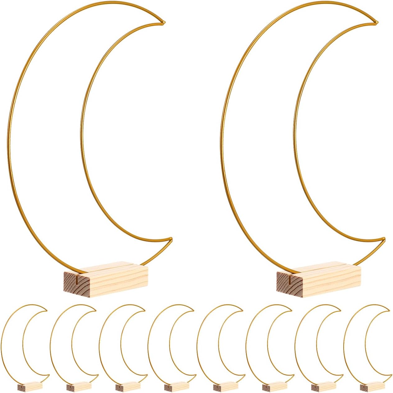 TEHAUX Metal Floral Hoops Moon Shaped, 10 Sets Metal Wreath Ring with Wood Holder, Gold Hoop Moon Arch for Home Wedding Christmas Party Table Centerpieces Decor