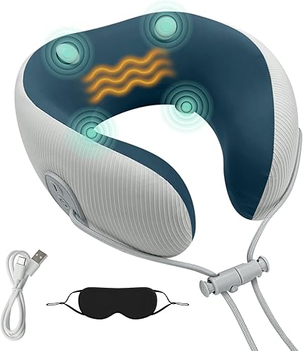 Medicane Almohada de viaje para el cuello con masaje, almohadas cervicales Shiatsu masajeador con calor y vibración, espuma viscoelástica ergonómica