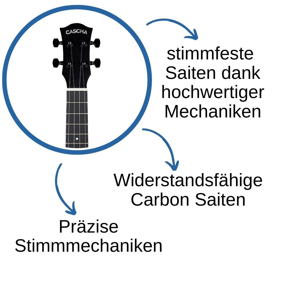 Cascha Solid Top Acacia Konzert Ukulele Erwachsene & Kinder - inkl. 3 Plektren & gepolsterter Tasche - Ukulele für Anfänger & Fortgeschrittene - hochwertige Carbon-Saiten - Top Qualität