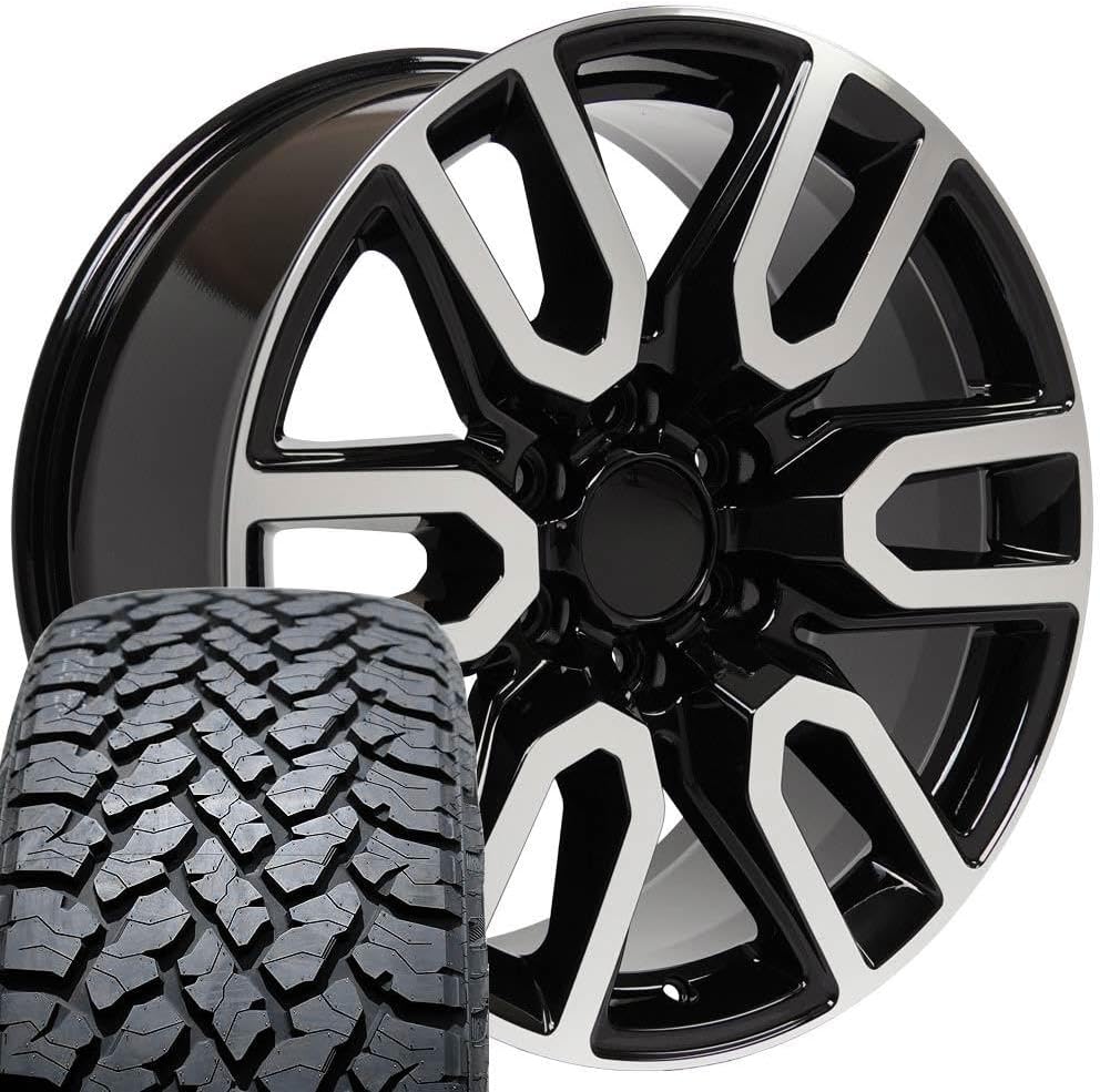 OE Wheels CV36 20 Inch Rims and Tires Fit Sierra 1500 Style 6x139.7 20x9 Gloss Black Machined - Hollander 5914 - TS-37 AT 275/55-20 (Set of 4)