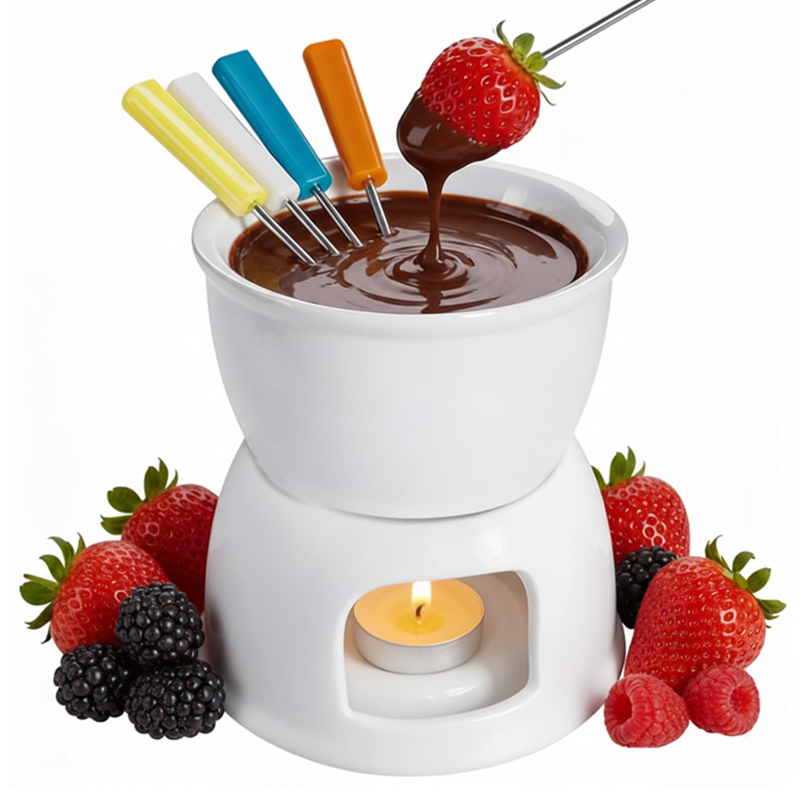 Tebery Fondue Set with 4 Color Forks, Premium Tea Light Porcelain Melting Pot for Cheese, Chocolate and Tapas - White