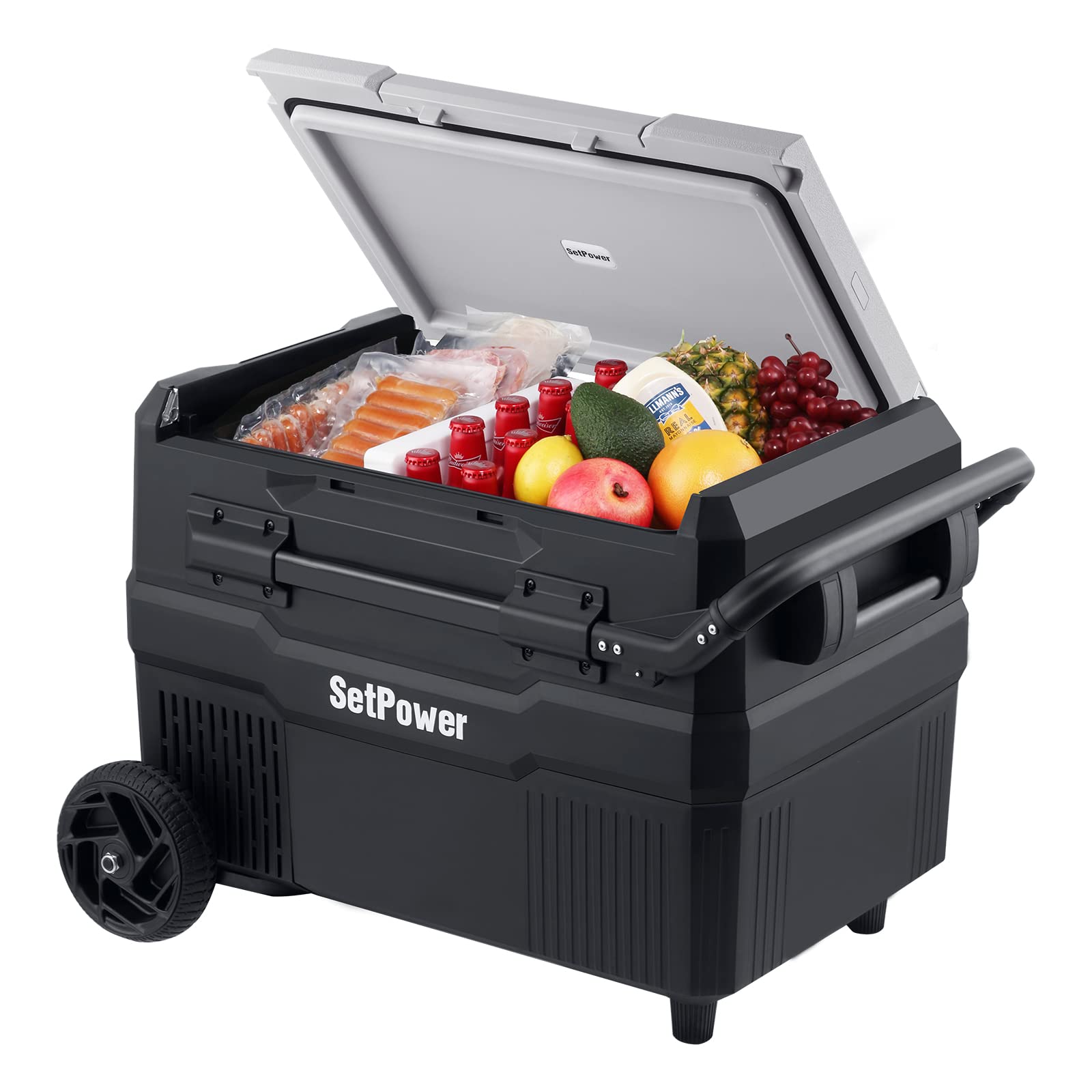 SetPower 45 Quart/43 Liter Dual Zone 12 Volt Refrigerator with Wheels, 0℉-50℉, Compact Refrigerator for Car, RV, Camping, Portable Fridge Freezer for DC 12/24V, Car Fridge with Compressor for AC 110/240V, 12V Car Fridge for Truck, Van, Semi, SUV, Household, Outdoor, Road Trip