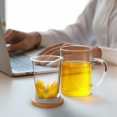Vista 6 de Lezero Tazas infusoras de té con filtro y kit de tapa de bambú, tazas de vidrio de borosilicato para té de hojas sueltas y florecientes, aptas