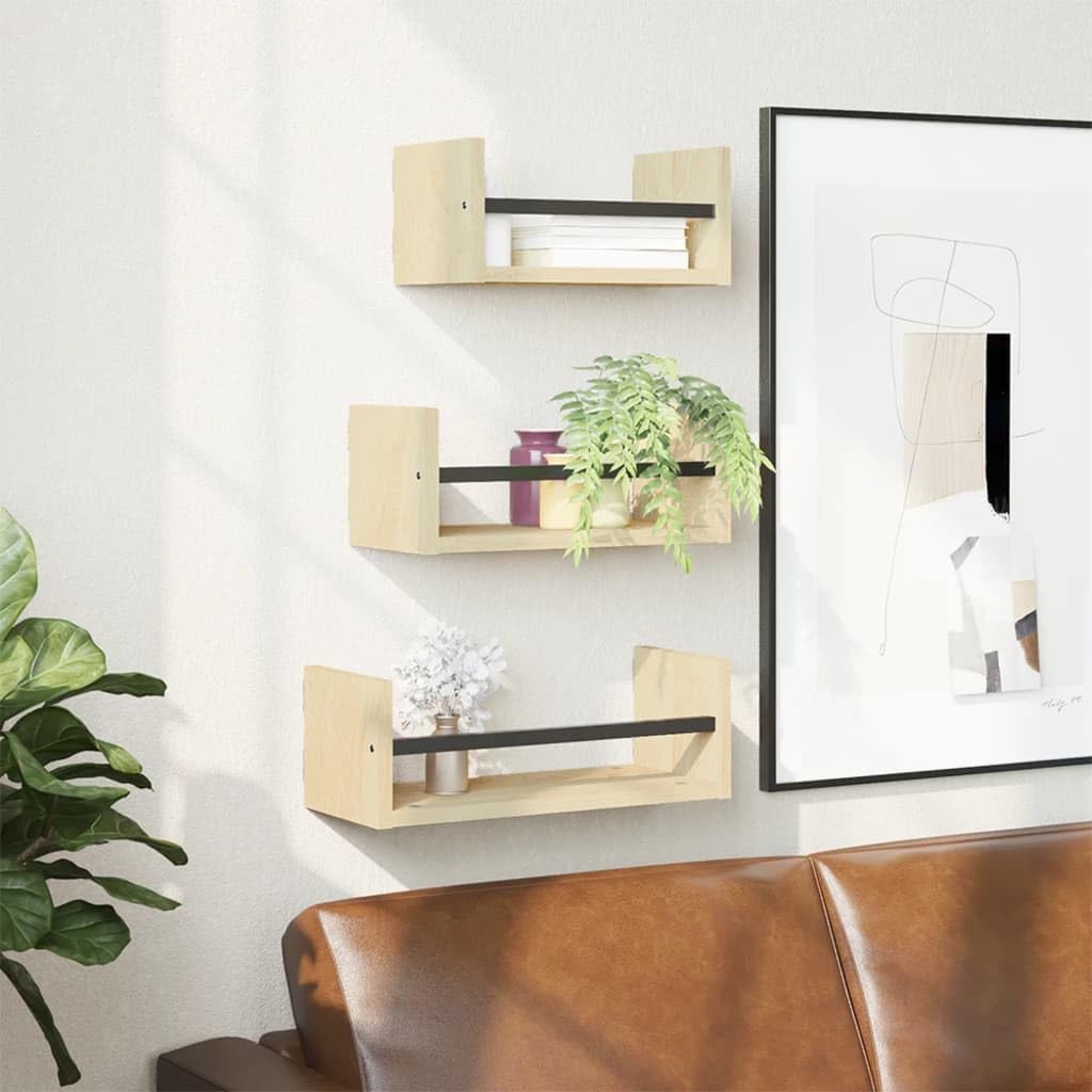 Juego de 3 estantes flotantes de pared con barras de roble Sonoma, madera y acero, 30, 35, 40 x 16 x 14 cm, soporte invisible para salón, dormitorio, cocina, baño y pasillo