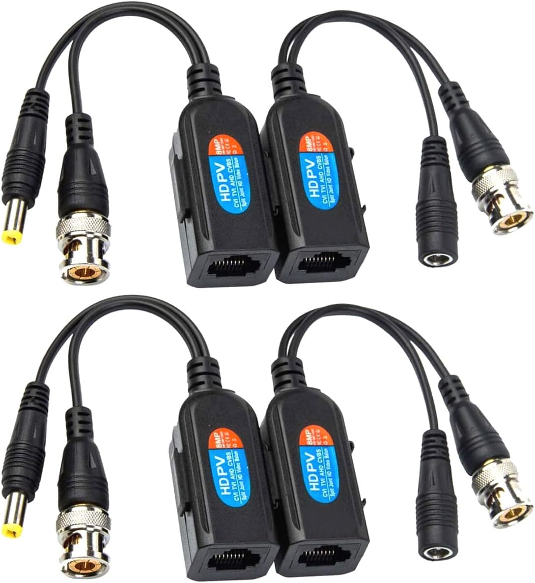 Greluma Balun HD Cat5 RJ45 to BNC Video Baluns Transceiver Passive with Power Connection for 1080P 3MP 4MP 5MP 8MP HD-CVI/TVI/AHD/CVBS / 960H Camera Pack of 4