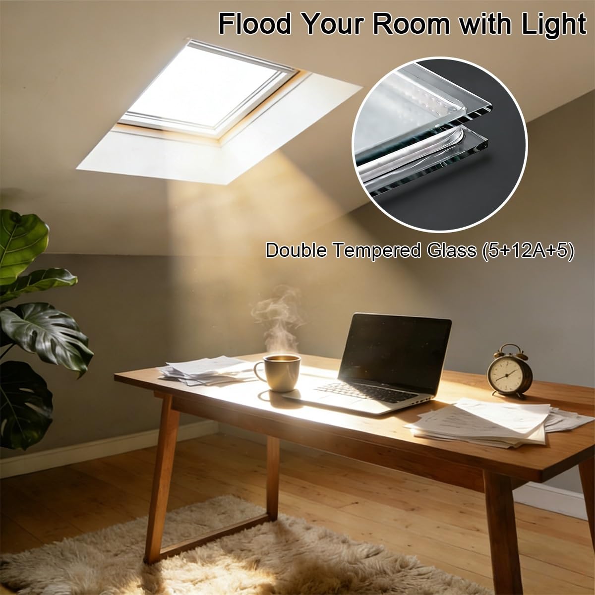 Premium Dachfenster für Wohnraum & Wintergarten, Lichtdurchflutetes Oberlicht für Dachboden & Tiny House. Wärmeisolierte Glasluke zur Belüftung(L65xW70cm)