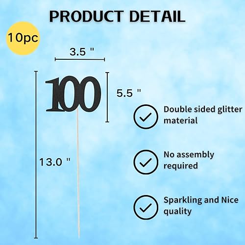 Miniatura 2 de Paquete de 10 palos de centro de mesa de aniversario de 100 cumpleaños con purpurina de doble cara, número 100 para decoración de fiesta de mesa de