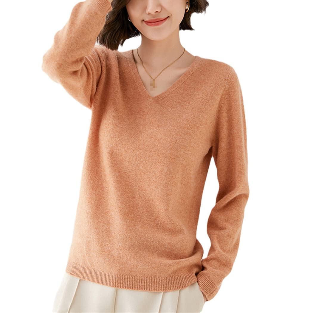 Maglione lavorato a maglia All-Match con scollo a V in lana da donna autunno inverno, Giallo medio., L