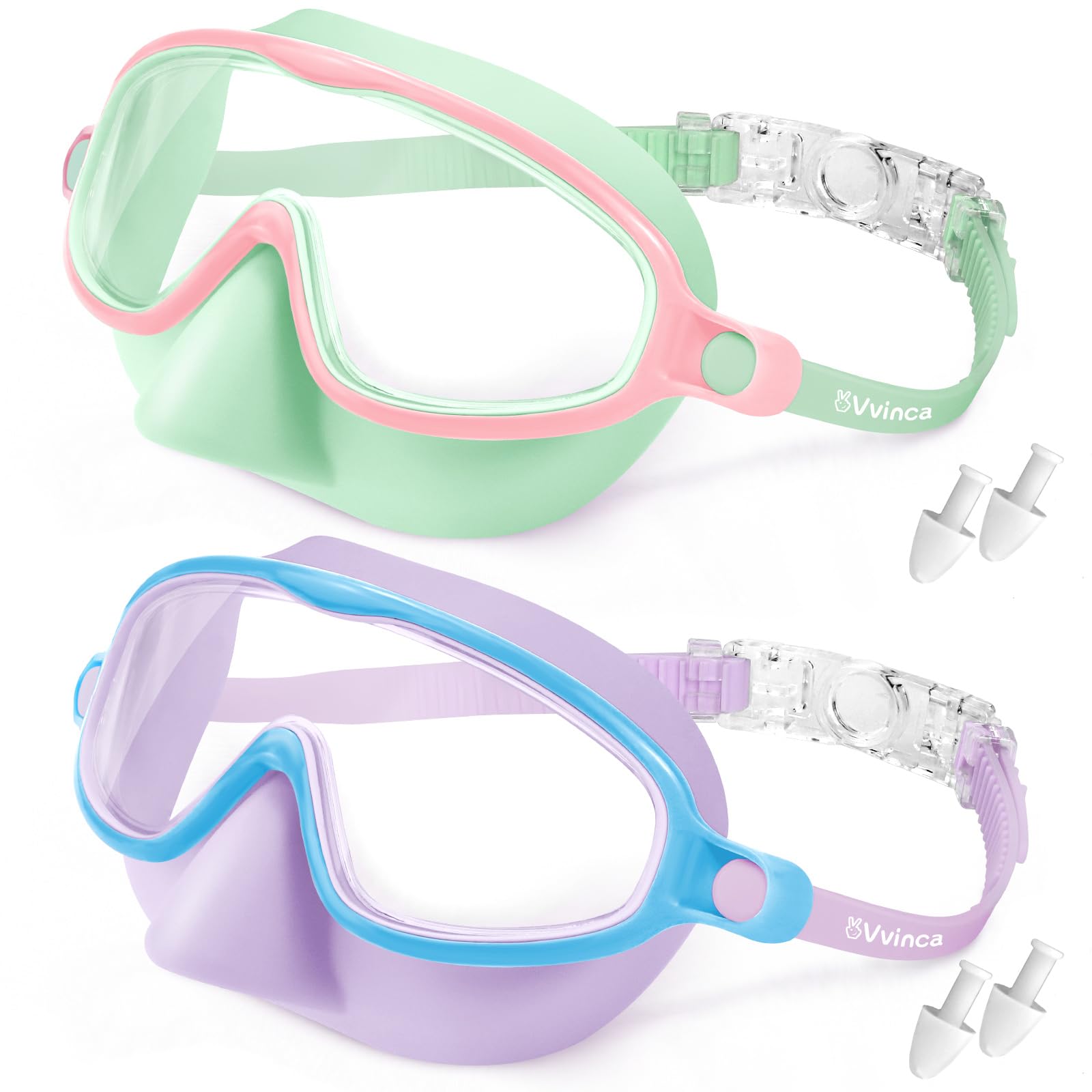 Vvinca Lot de 2 lunettes de natation avec protection nasale pour enfants de 3 à 15 ans | Masque de plongée grand angle, étanche, anti-buée et protection UV