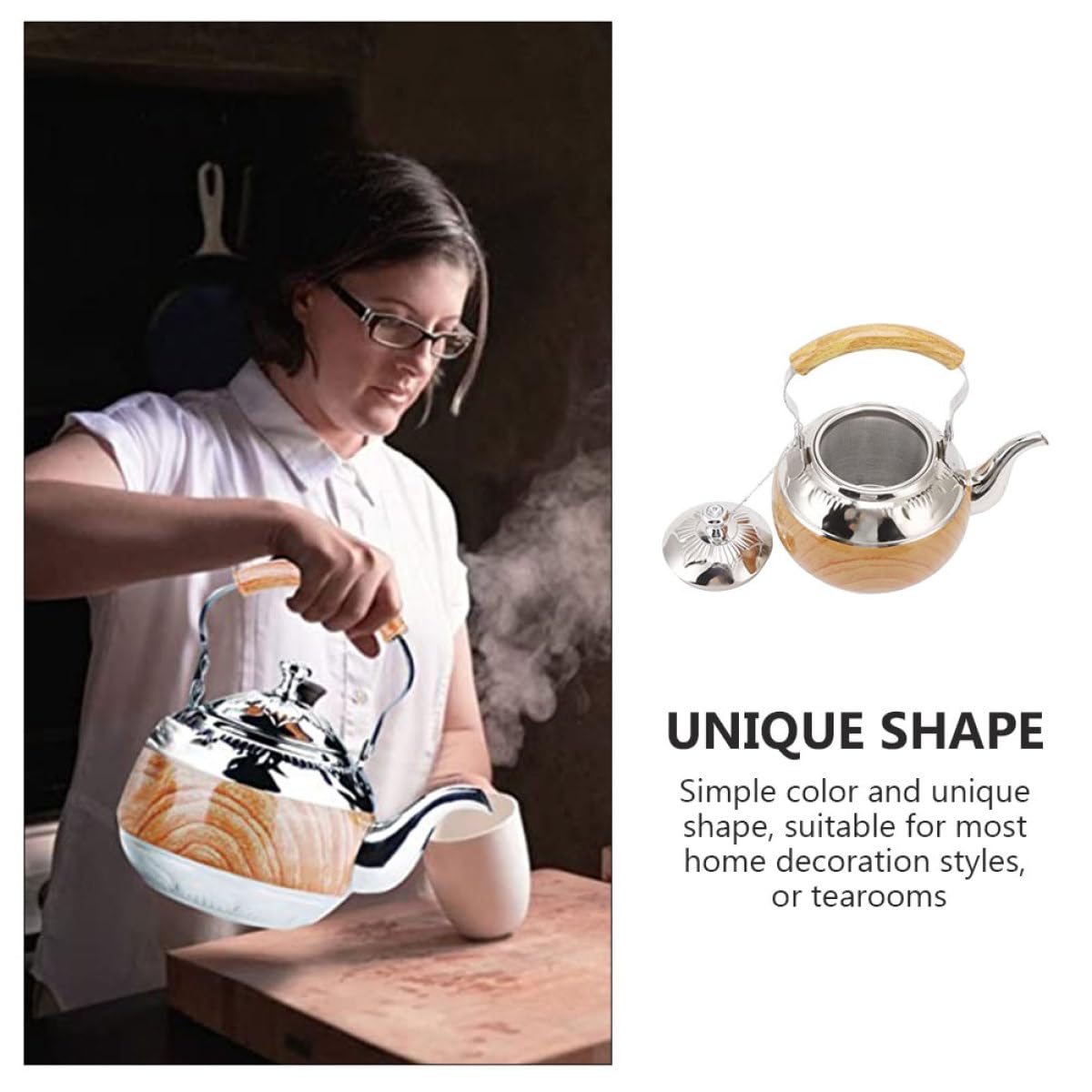 Tetera de Acero Inoxidable con Asa 1L Capacidad Grande, Diseño Elegante y Resistente, Fácil para Verter Té en Ambientes