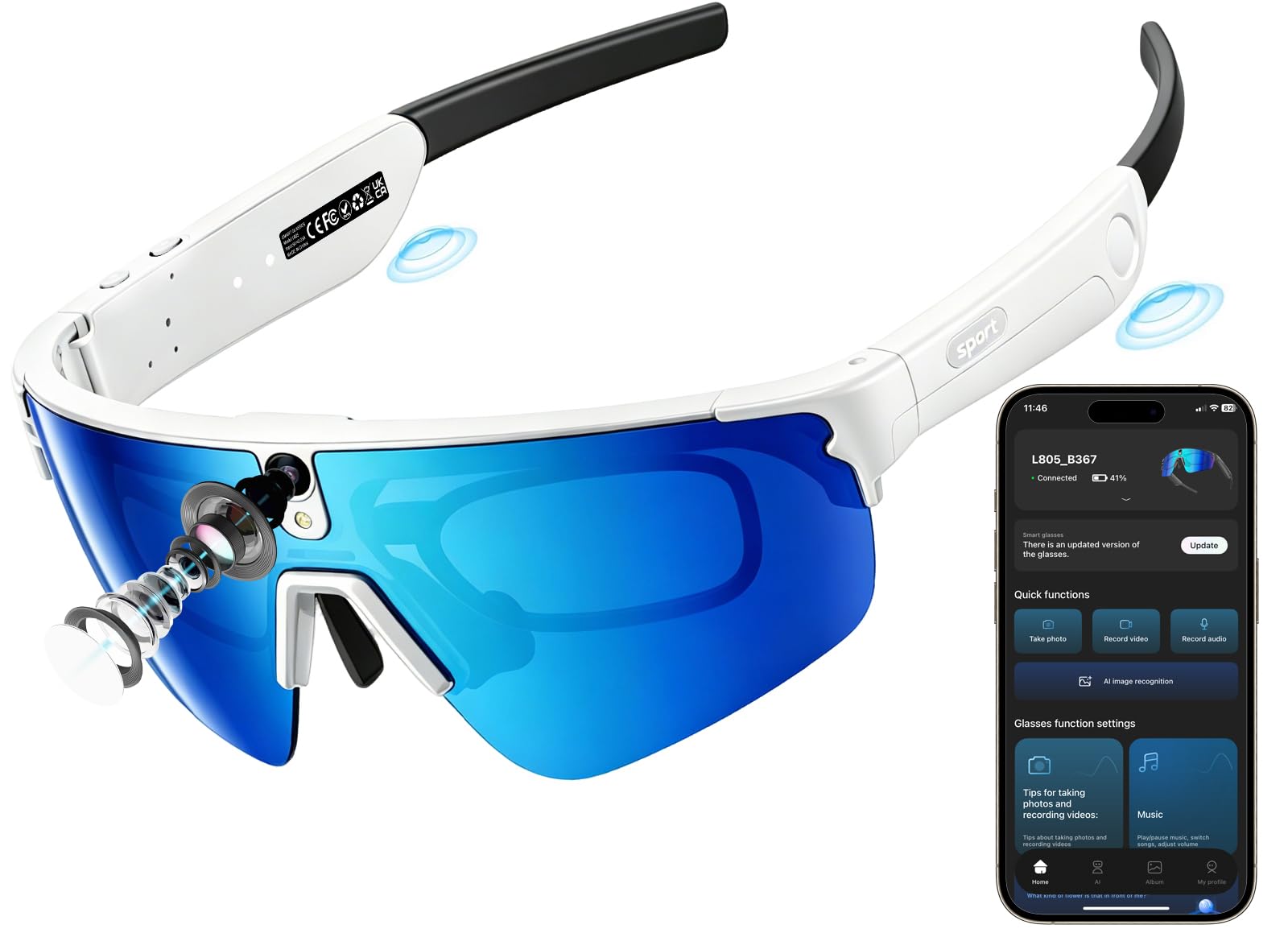 AI Smart Glasses with Camera, Sports Recording Sunglasses with 4K HD Video & Photo,EIS Stabilization,Dual-Mic Noise Cancelling, IP66, Live Translation & ChatGPT Assistant for Cycling Hiking-image-13