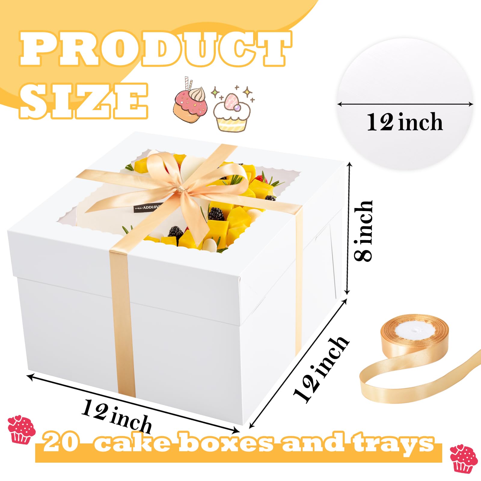 KPOSIYA 20 scatole alte per torte con vassoi per torte, 30,5 x 30,5 x 20,3 cm, scatole bianche da forno con finestra, Cajas Para Pasteles, contenitori quadrati in cartone per torte per feste di