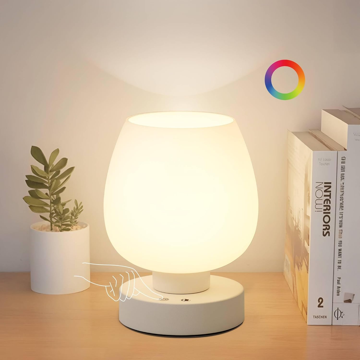 Cordless Touch Bedside Table Lamp, Rechargeable Battery Operated Desk Lamps with 8 RGB Colors, Dimmable Small Glass Nightstand Light for Living Room Bedroom Kitchen Counter