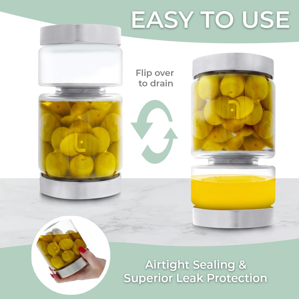 Flipjill Glass Pickle and Olives Jar with strainer flip, 34oz Glass jar, kitchen storage container, airtight glass jars, jar with lids