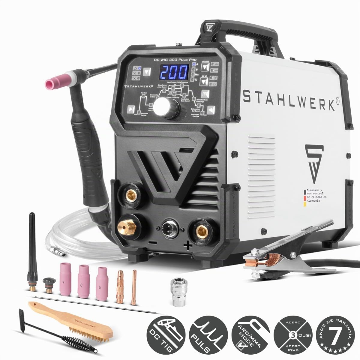 STAHLWERK Soldadora combinada 2 en 1 DC TIG 200 Puls Pro hasta 200 A | TIG & MMA (MMA/ARC), función de pulso, memoria de trabajos, Hotstart, para chapa fina, acero, acero inoxidable, cobre & latón