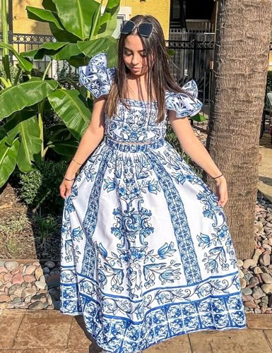 FLAXMAKER Ruffle Porcelain Pattern Majolica Print Back Elastic Band Bikini Swimsuit and Skirt/Sarong4