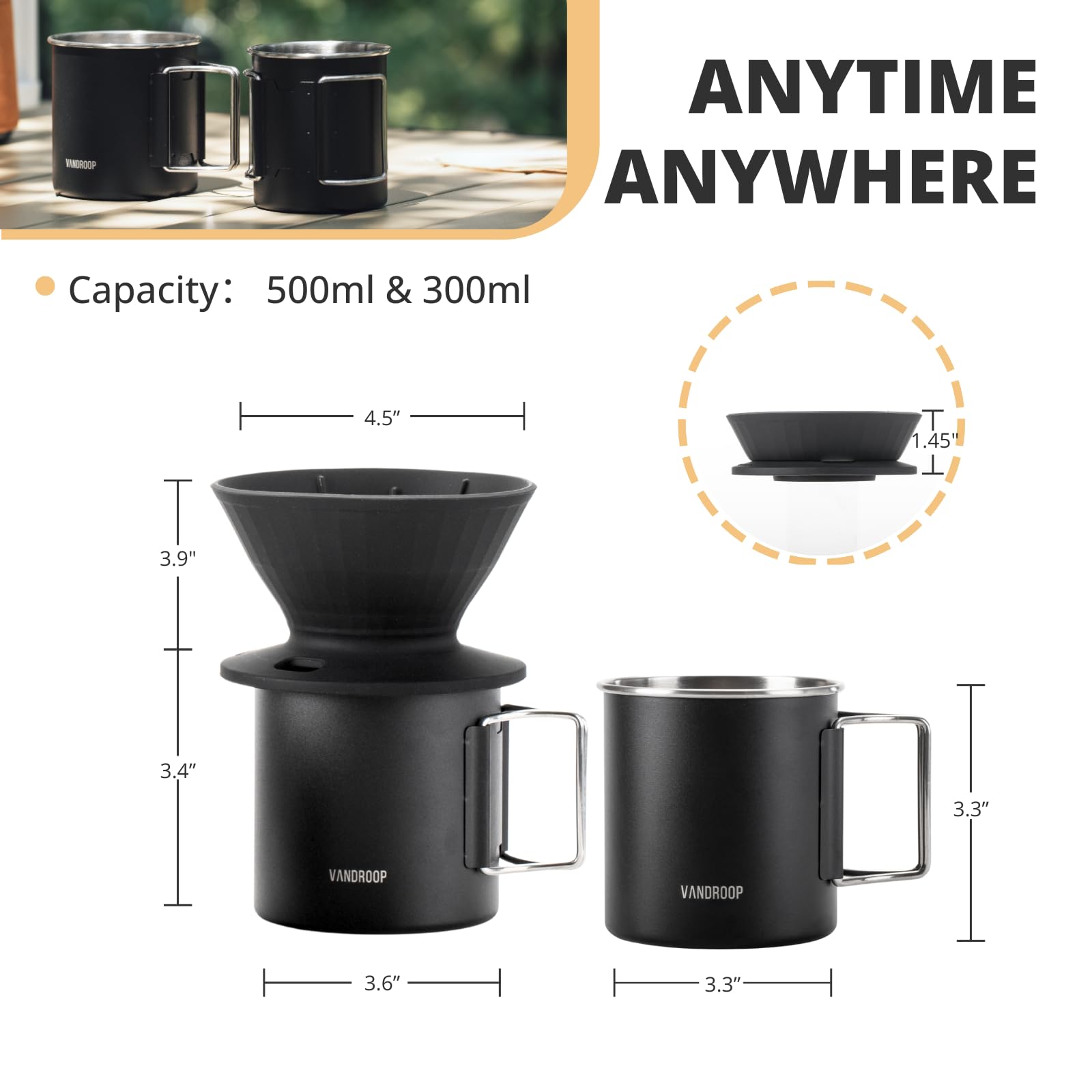 Vandroop Juego de cafetera para camping, juego de viaje V60, gotero de café de silicona plegable, 2 tazas portátiles de acero inoxidable, con 10 filtros de papel V60 (color negro, para 2-3 personas)