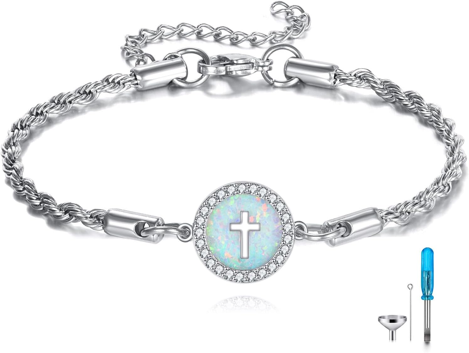 Cross Opal Urn Bracelet for Ashes Stelring Silver Cross Cremation Keepsake Jewelry Gift for Women