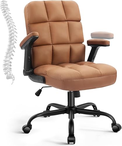 SEATZONE Executive Office Chair Small PU Leather Desk Chair with Wheels,Ergonomic Computer Swivel Rolling Task Chair with Back Support,Brown