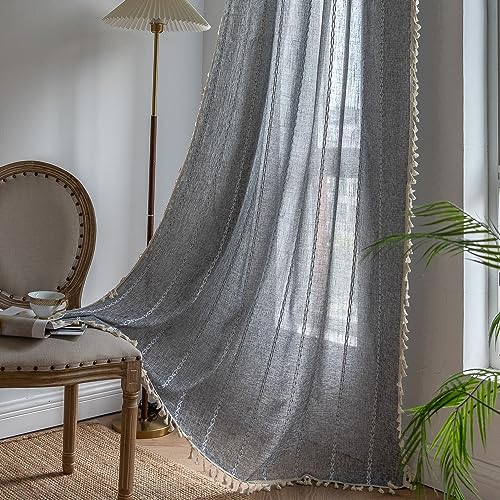 Sutuo Home Boho Curtains for Bedroom Living Room, Semi Blackout Linen Farmhouse Vintage Chic Tassels Window Treatment Bohemian Embroidery Drape, Rod Pocket 1 Panel 52" W x 72" L, Black Grey