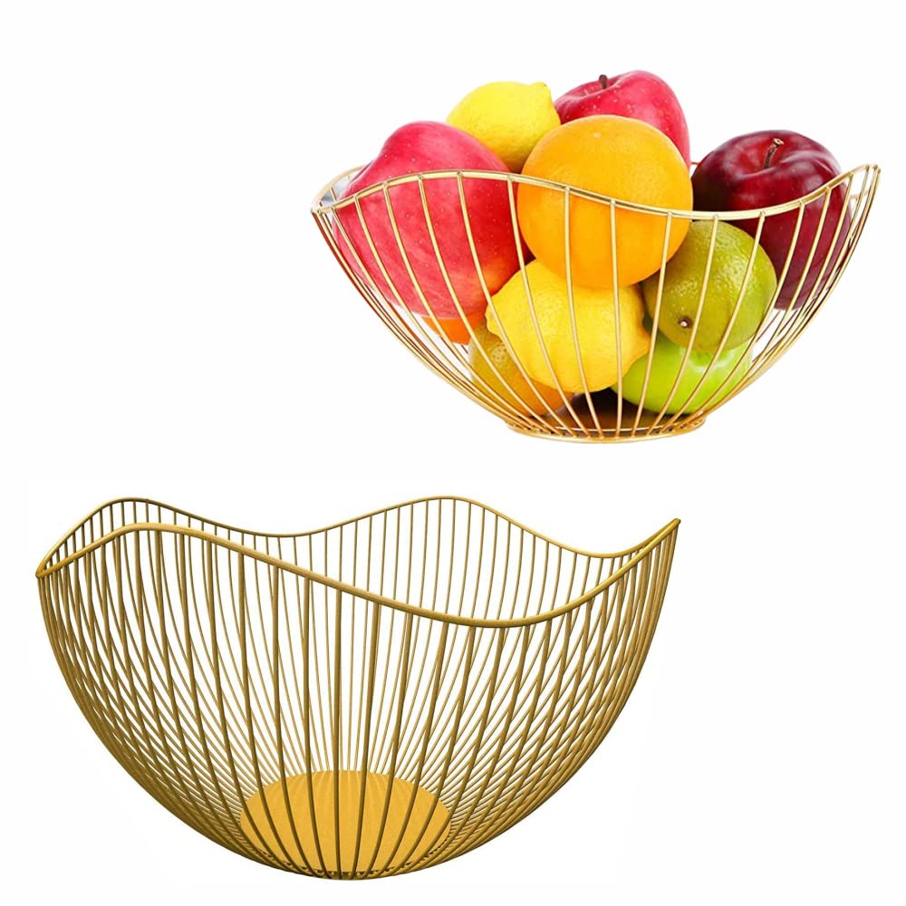 Tsbfeery Big Fruit Bowl Wave Fruit Basket Metal Wire Vegetable Bowl,Large Round Storage Baskets Creative Bread Fruit Candy Dish for Table Living Room, Kitchen, Pantry, Office (Gold)