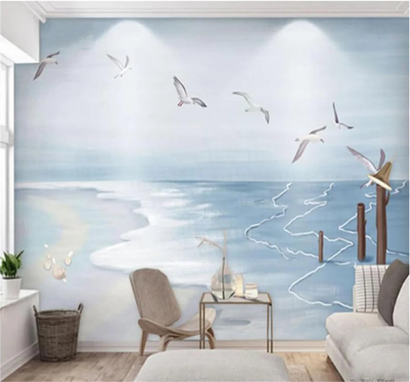 Xlming 350Cm×256Cm(B×H) Minimalist Fresh Seagulls Coast Landscape 3D Wallpaper Silky Texture Home Study Office Grey Dining Room Sofa Bedroom Living Room Tv Backdrop-350Cm×256Cm